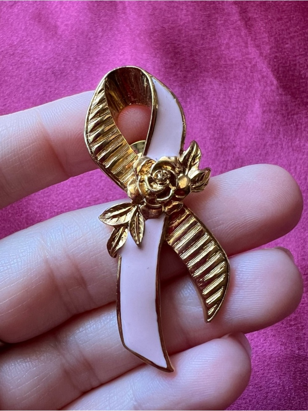 Avon Gold & Pink Ribbon Flower Brooch - Breast Cancer Ribbon